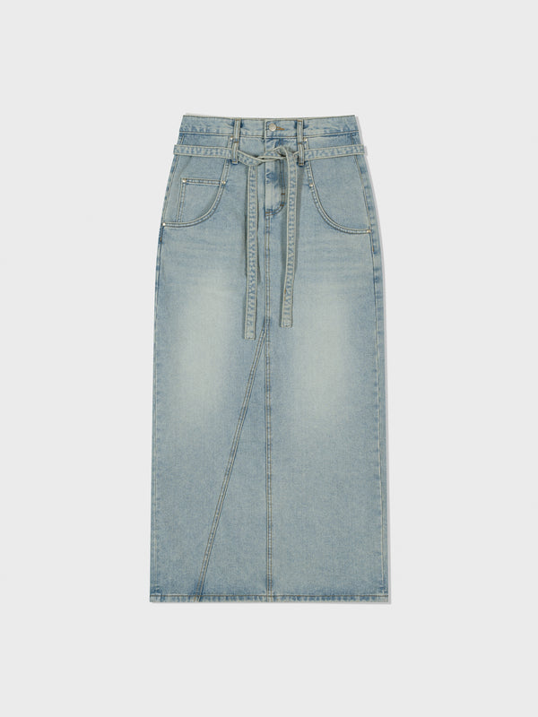 Blue Belted High Waist Denim Skirt