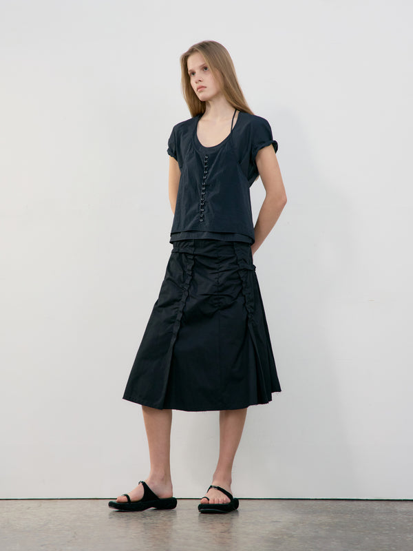 Black Raw Cut Shirring Skirt