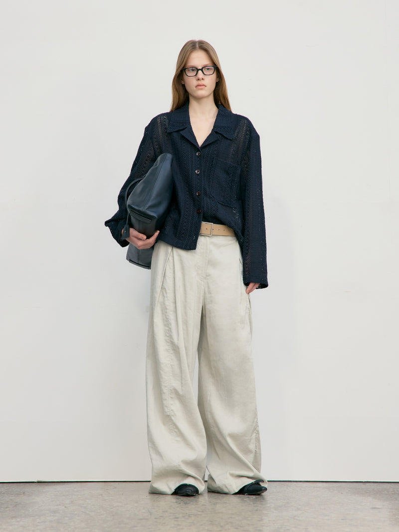 Light Khaki Linen Tuck Wide Pants