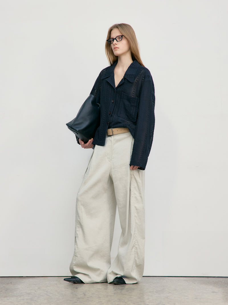 Light Khaki Linen Tuck Wide Pants