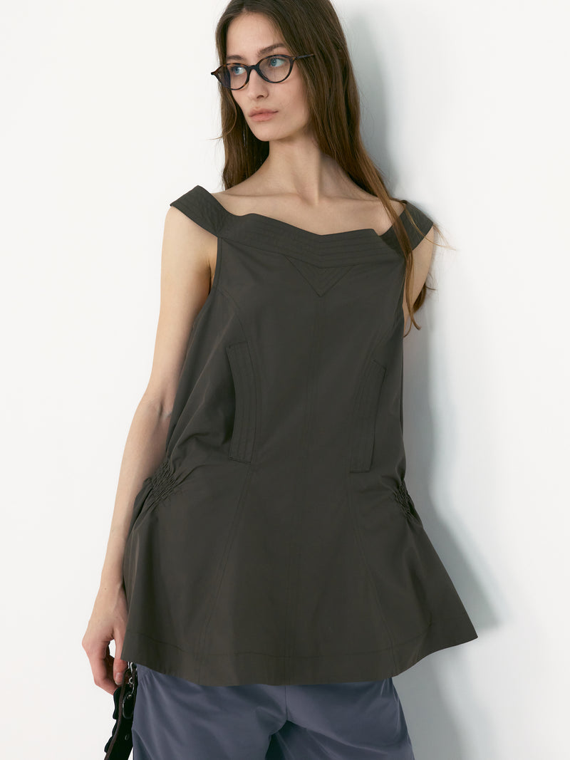 Khaki Off Shoulder Shirred Blouse Top