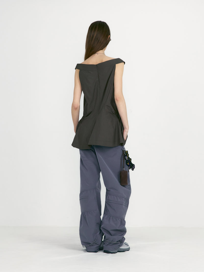 Khaki Off Shoulder Shirred Blouse Top