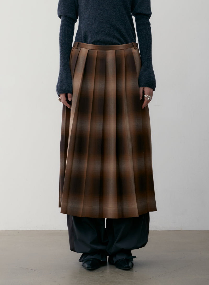 Brown Check Pleated Skirt