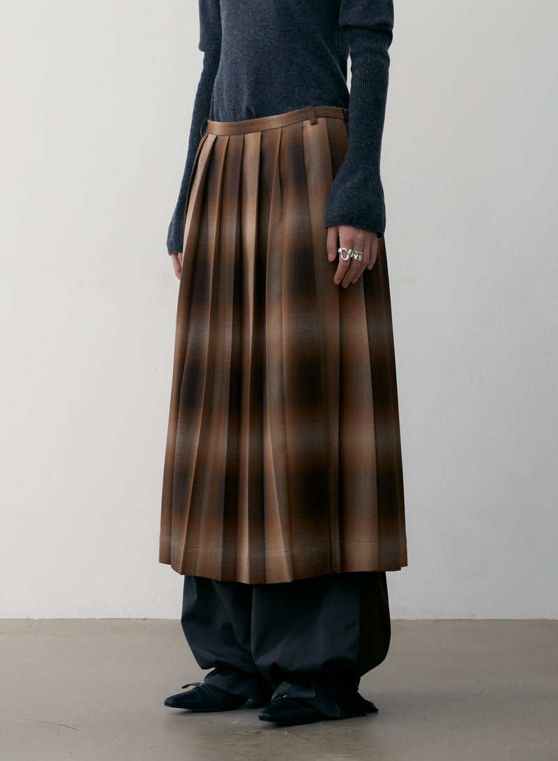 Brown Check Pleated Skirt