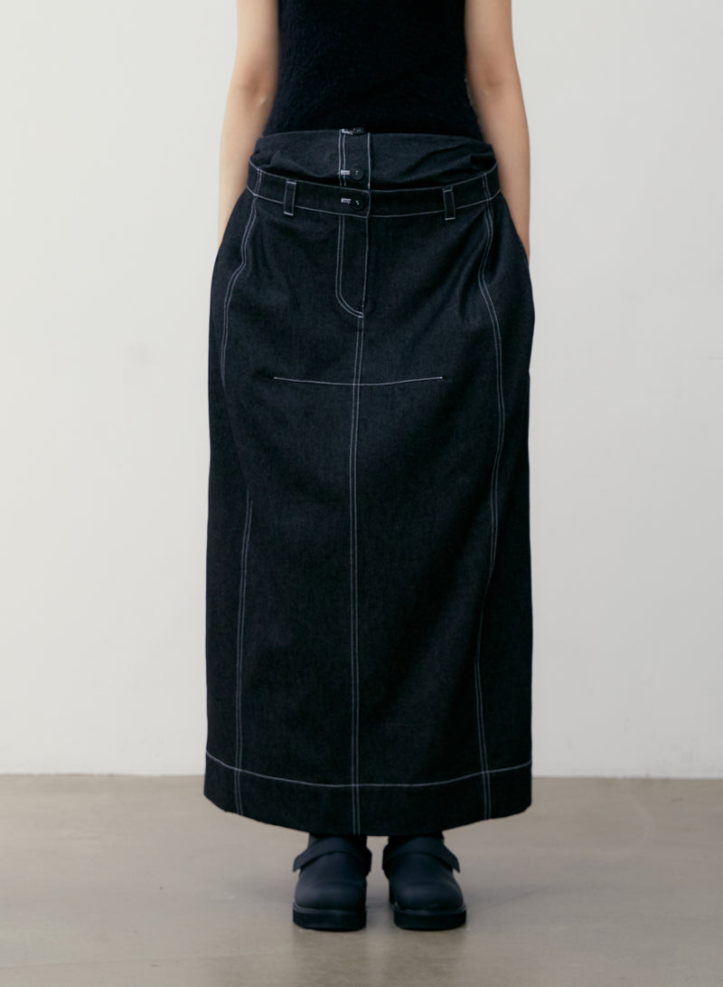 Black Double Waist Denim Long Skirt