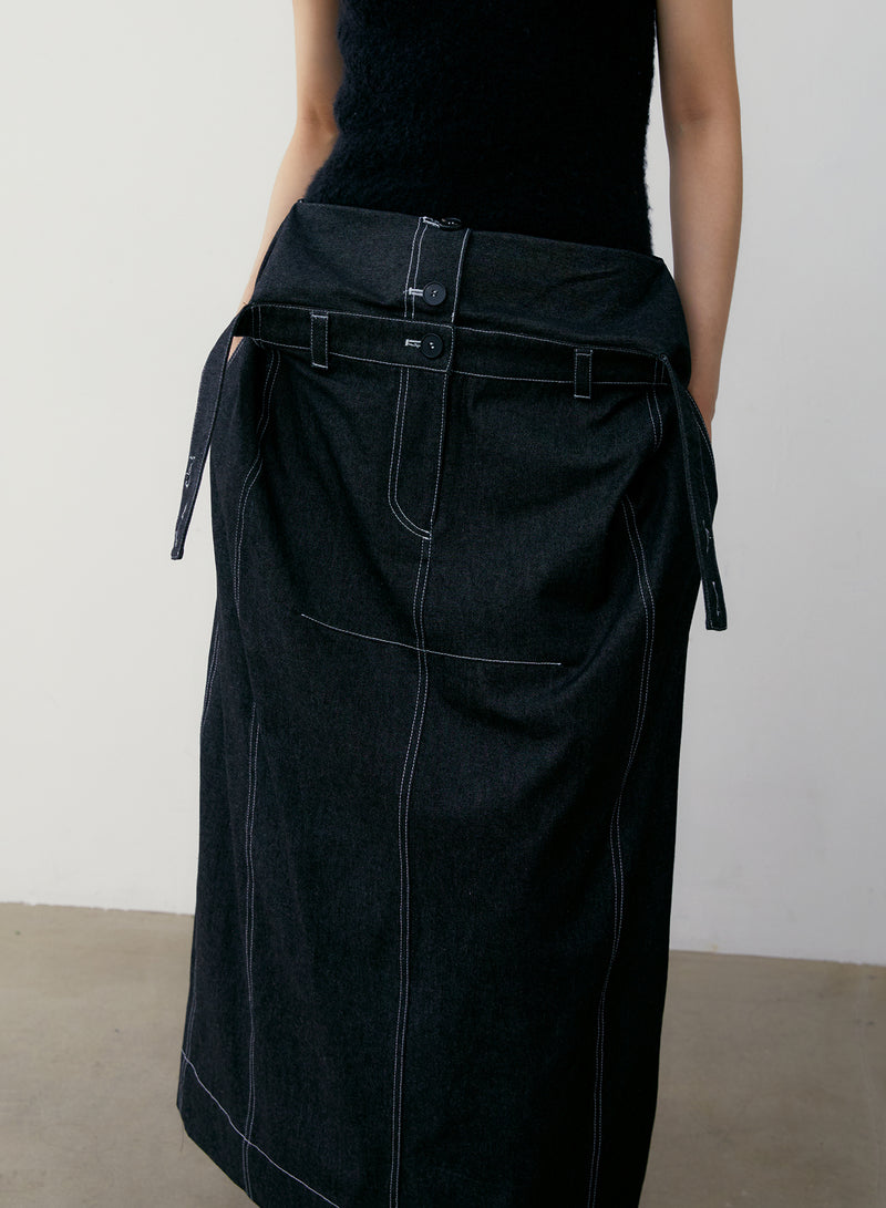 Black Double Waist Denim Long Skirt