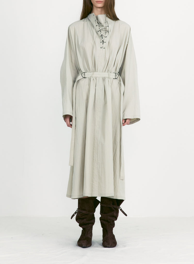 Light Khaki Lace Up Belted Dress