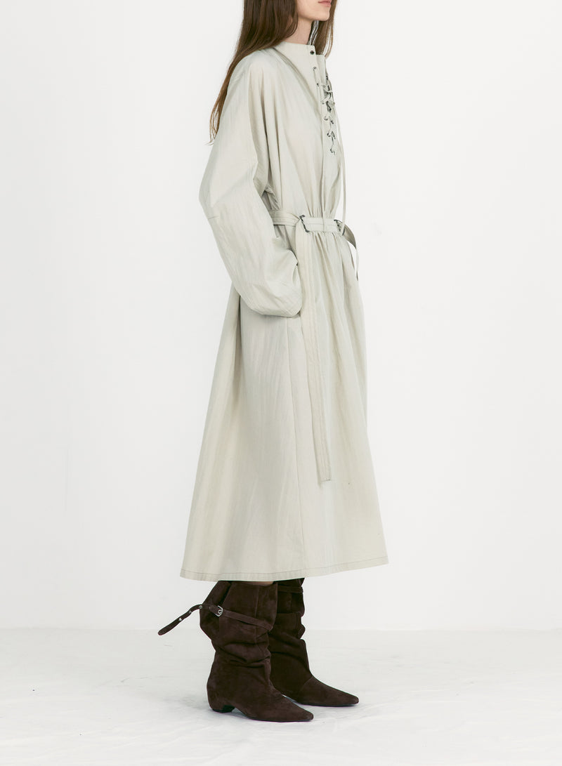 Light Khaki Lace Up Belted Dress