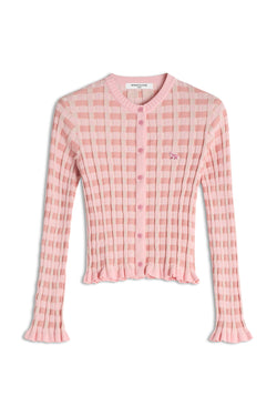 W Fraise Checked Ribbed Cardigan