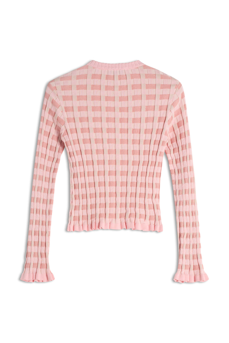 W Fraise Checked Ribbed Cardigan