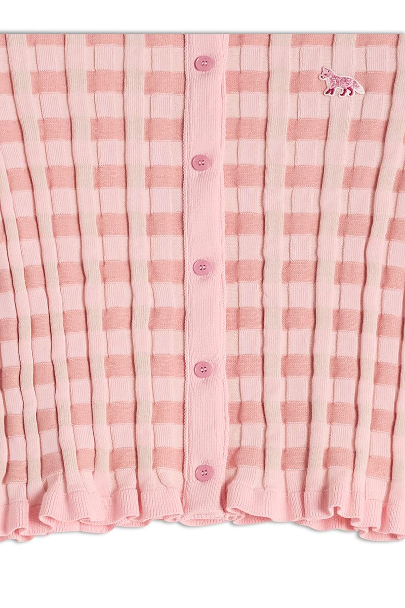 W Fraise Checked Ribbed Cardigan
