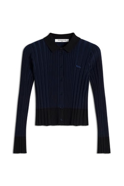 W Navy Baby Fox Patch Pleated Ribbed Cardigan