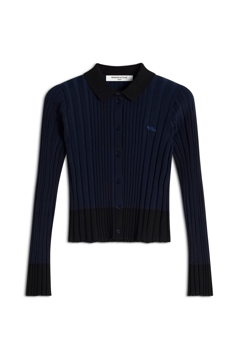 W Navy Baby Fox Patch Pleated Ribbed Cardigan