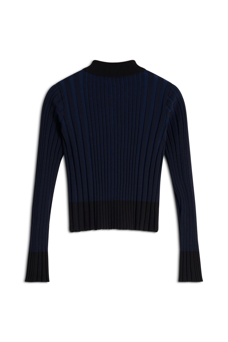 W Navy Baby Fox Patch Pleated Ribbed Cardigan