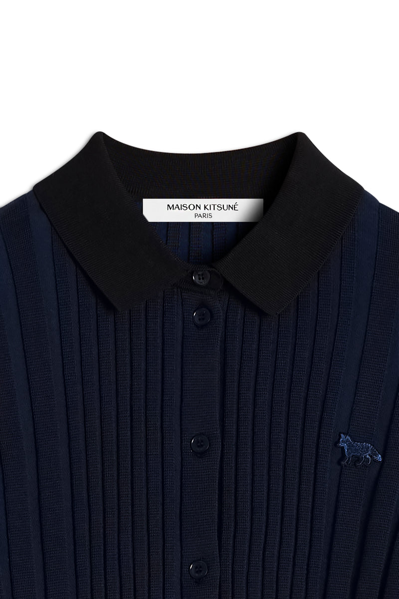 W Navy Baby Fox Patch Pleated Ribbed Cardigan