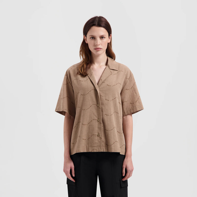 Brown Open Collar SS Shirt