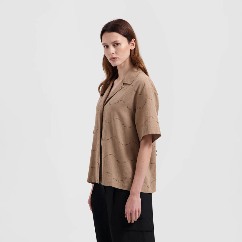 Brown Open Collar SS Shirt