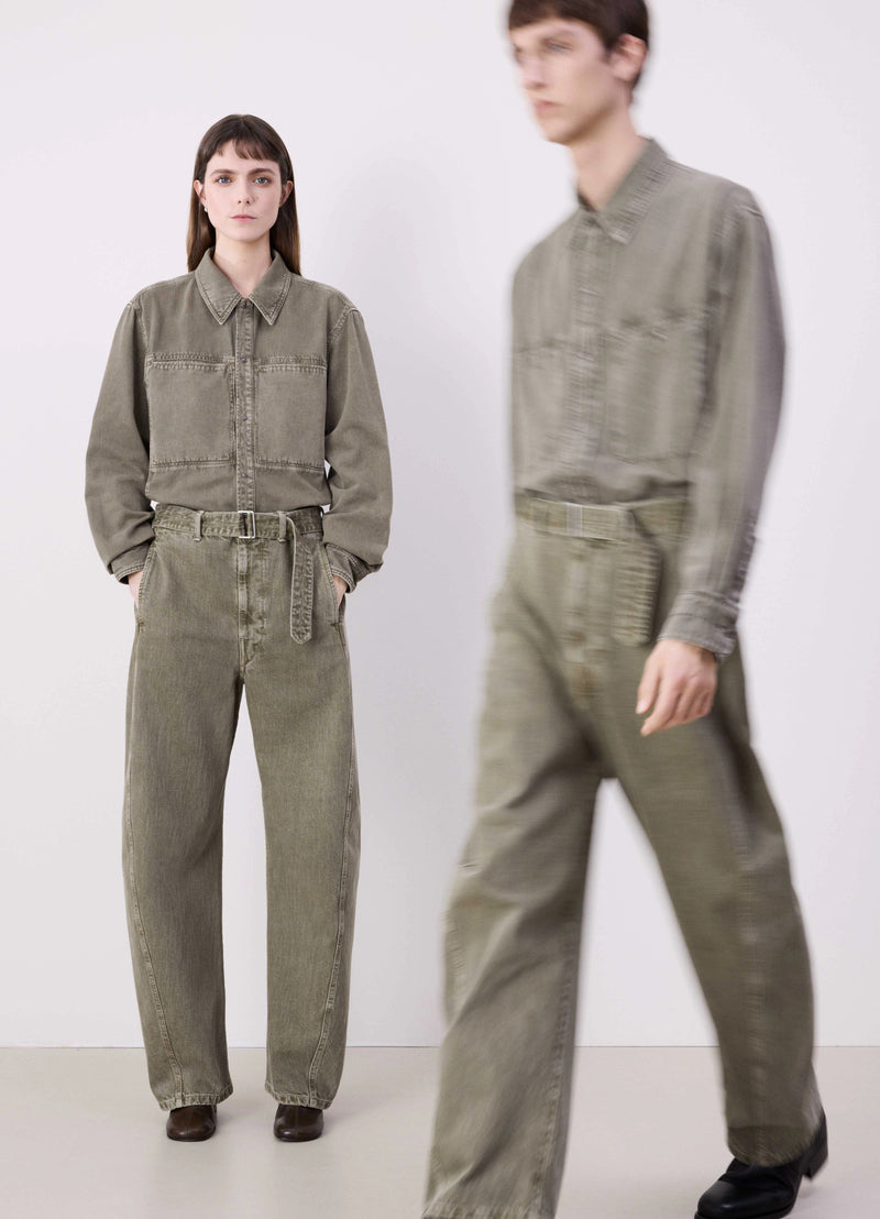 Snow Olive Twisted Denim Belted Pants