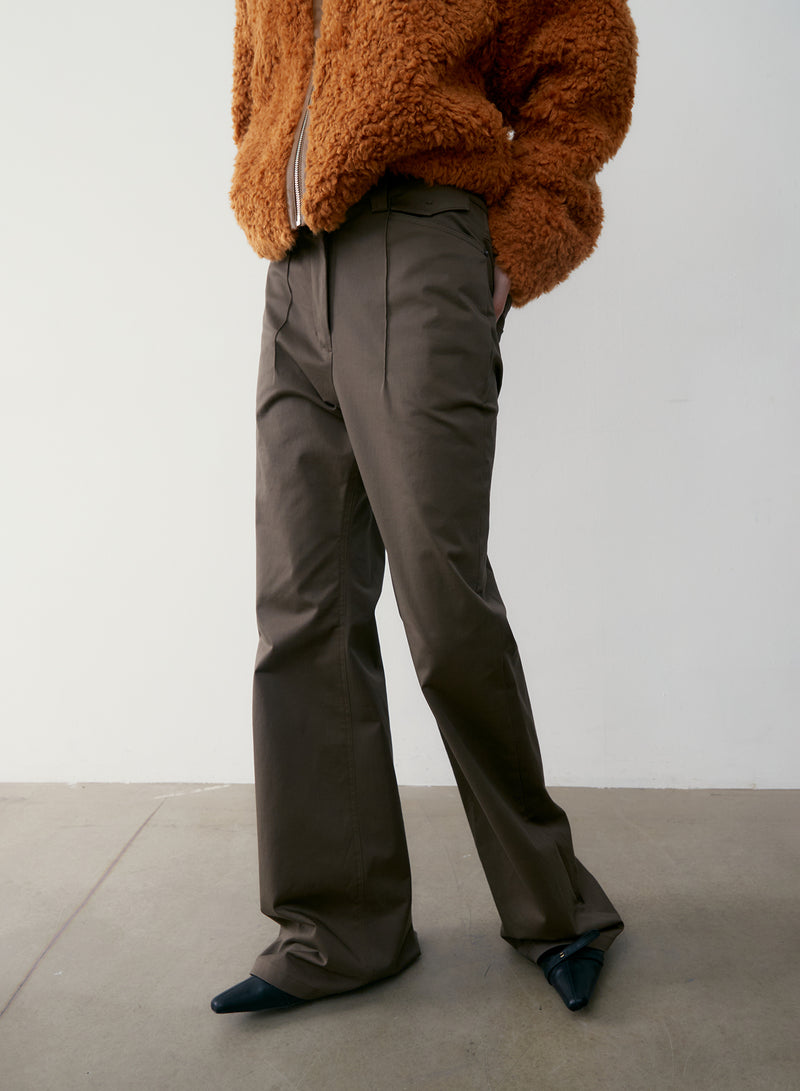 Brown Pin Tuck Bootcut Pants