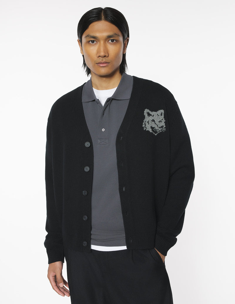 M Black/Medium Grey Fox Head Intarsia Merino Cardigan