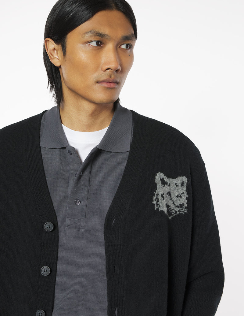 M Black/Medium Grey Fox Head Intarsia Merino Cardigan