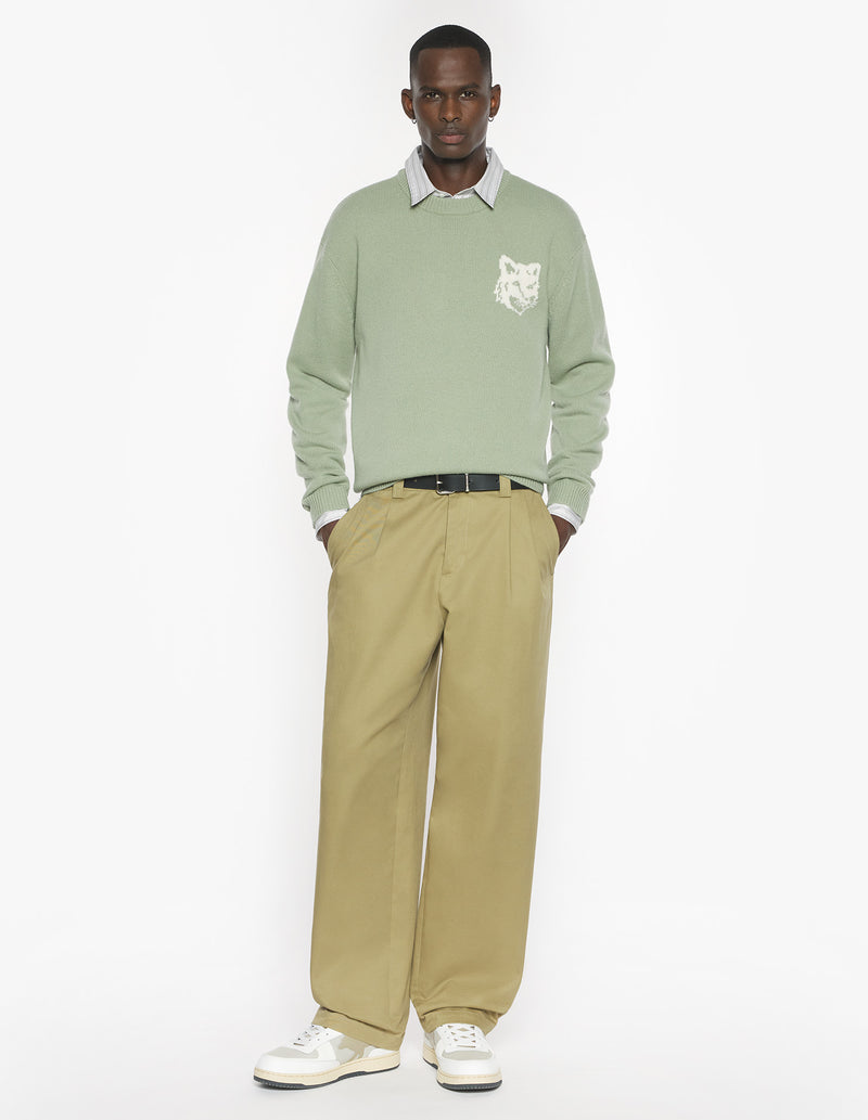 M Sage Green/Ecru Fox Head Intarsia Merino Jumper