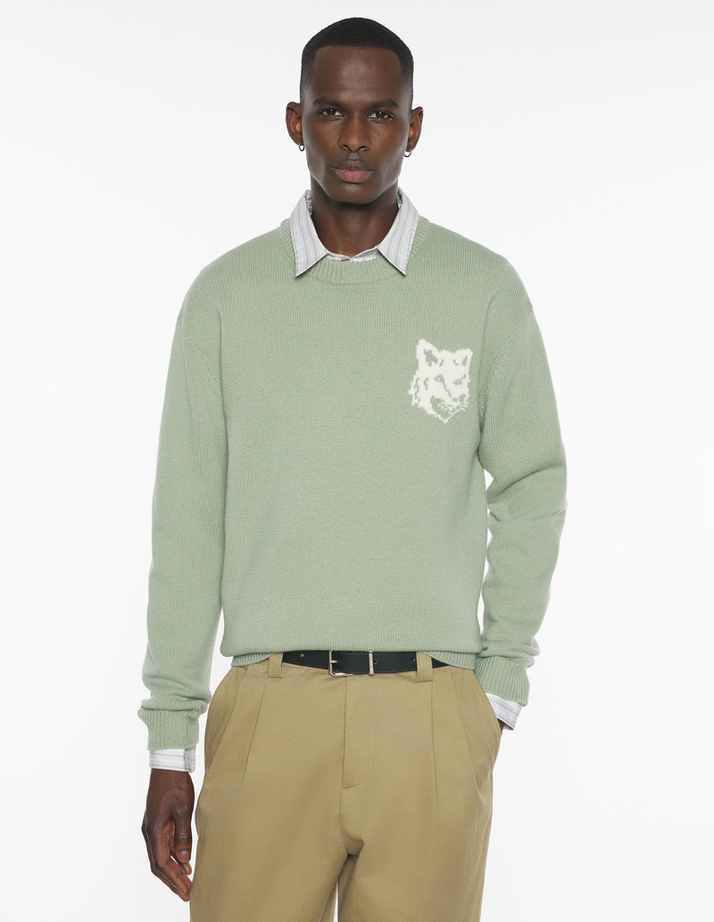 M Sage Green/Ecru Fox Head Intarsia Merino Jumper