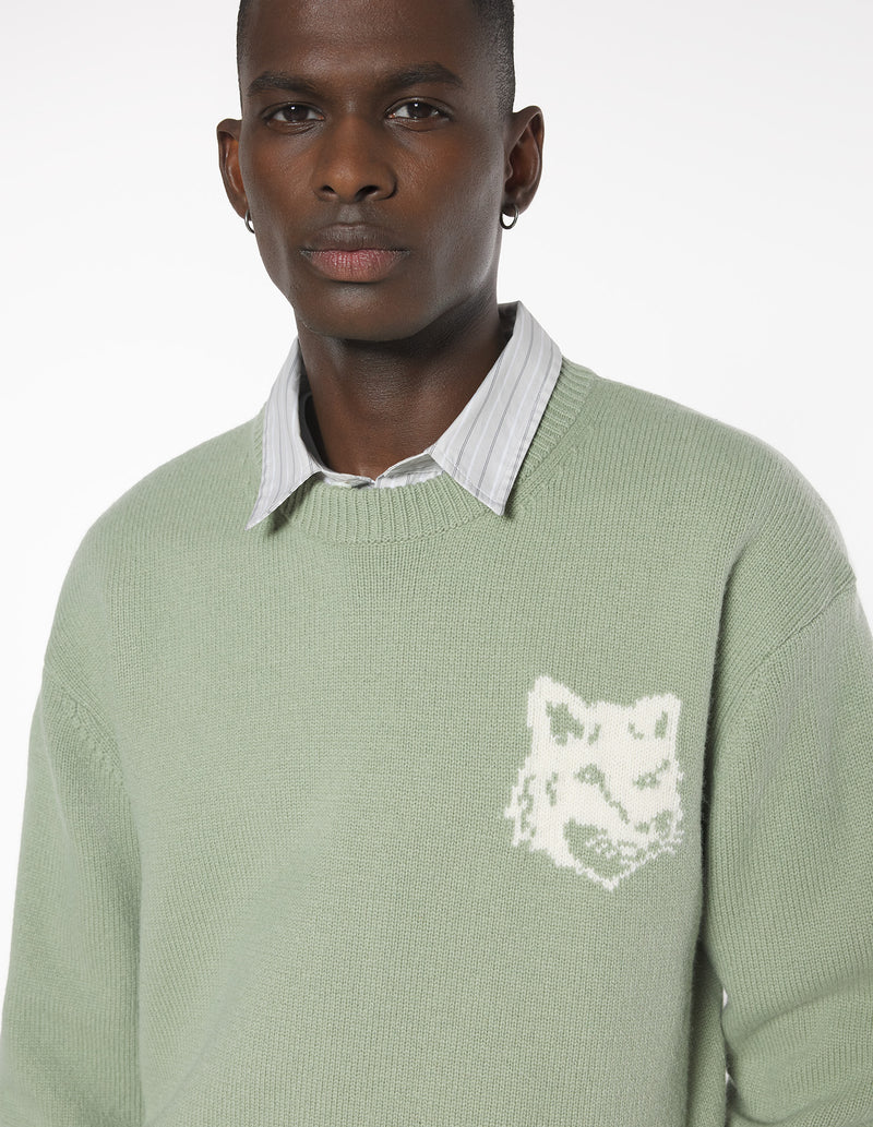M Sage Green/Ecru Fox Head Intarsia Merino Jumper