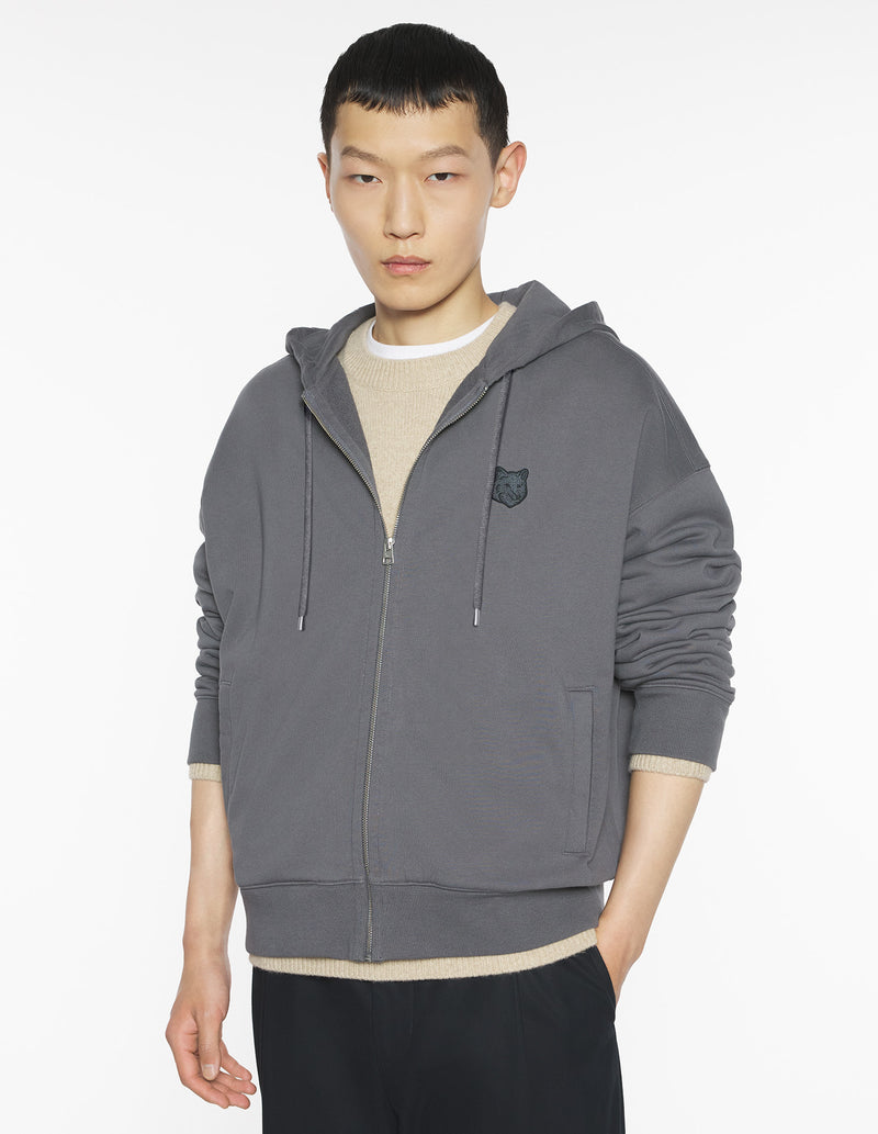 M Charcoal Fox Head Zipped Oversize Hoodie