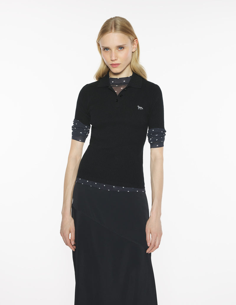 W Black Baby Fox Fine Rib Wool Polo