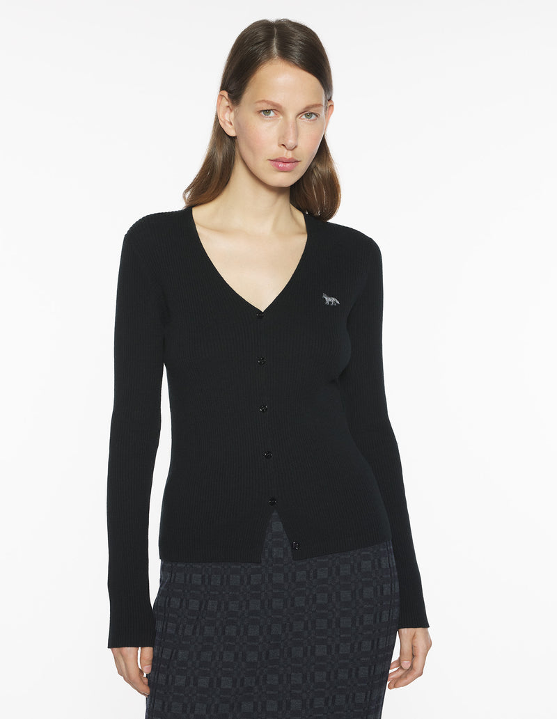 W Black Baby Fox Fine Rib Wool Cardigan