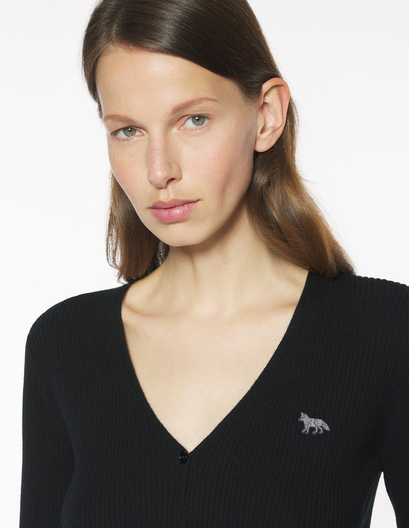 W Black Baby Fox Fine Rib Wool Cardigan