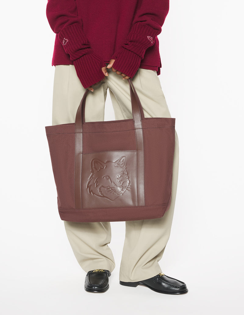 Brown Stone Leather Fox Head Large Tote
