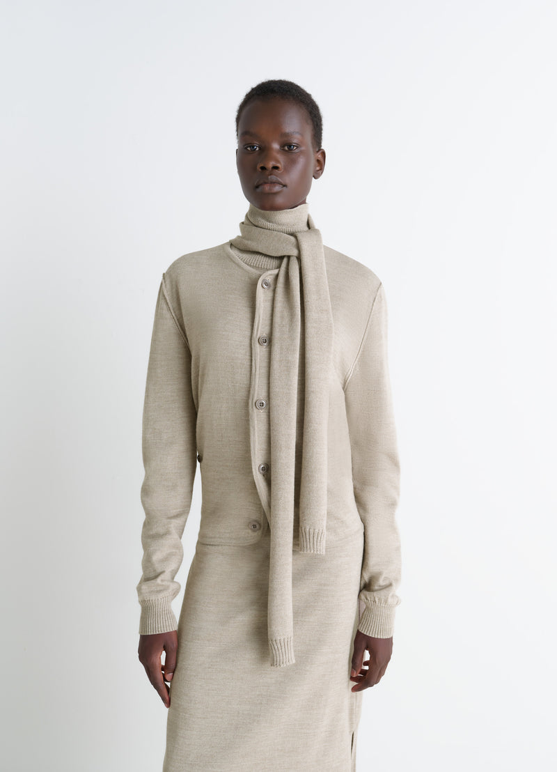 Light Taupe Twisted Cardigan With Scarf