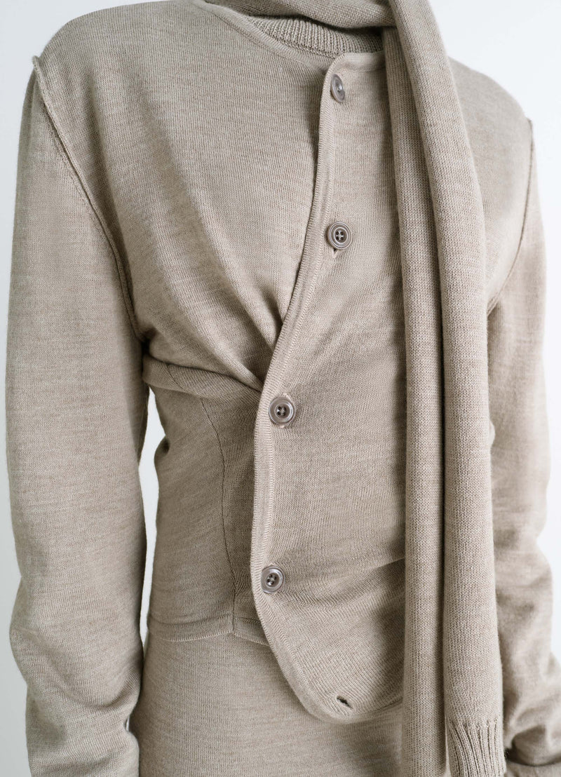 Light Taupe Twisted Cardigan With Scarf