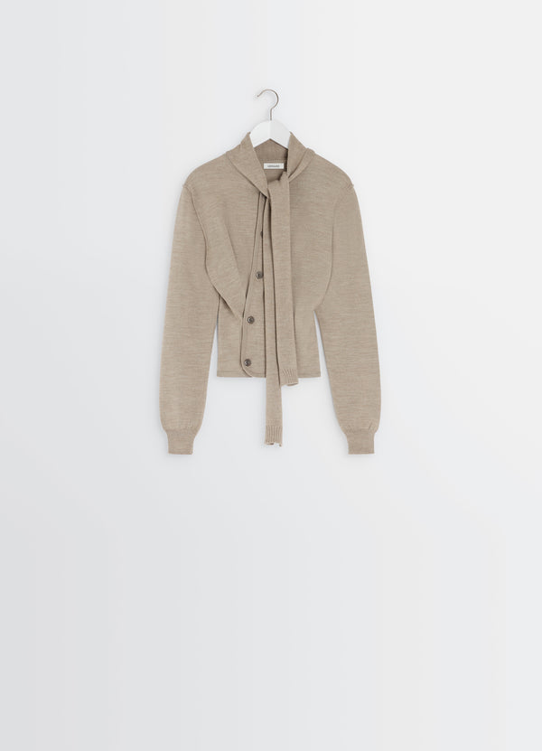 Light Taupe Twisted Cardigan With Scarf