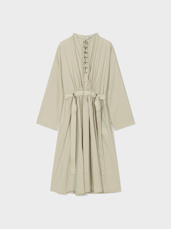 Light Khaki Lace Up Belted Dress