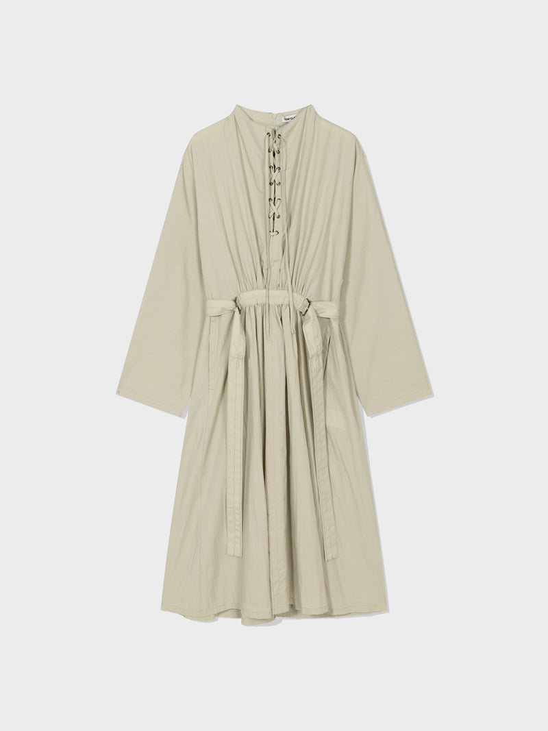 Light Khaki Lace Up Belted Dress