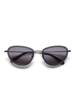 Manifesto Shop Sun Buddies Left Eye Clear Grey Sunglasses Small Round Frame Tinted Lens Front View